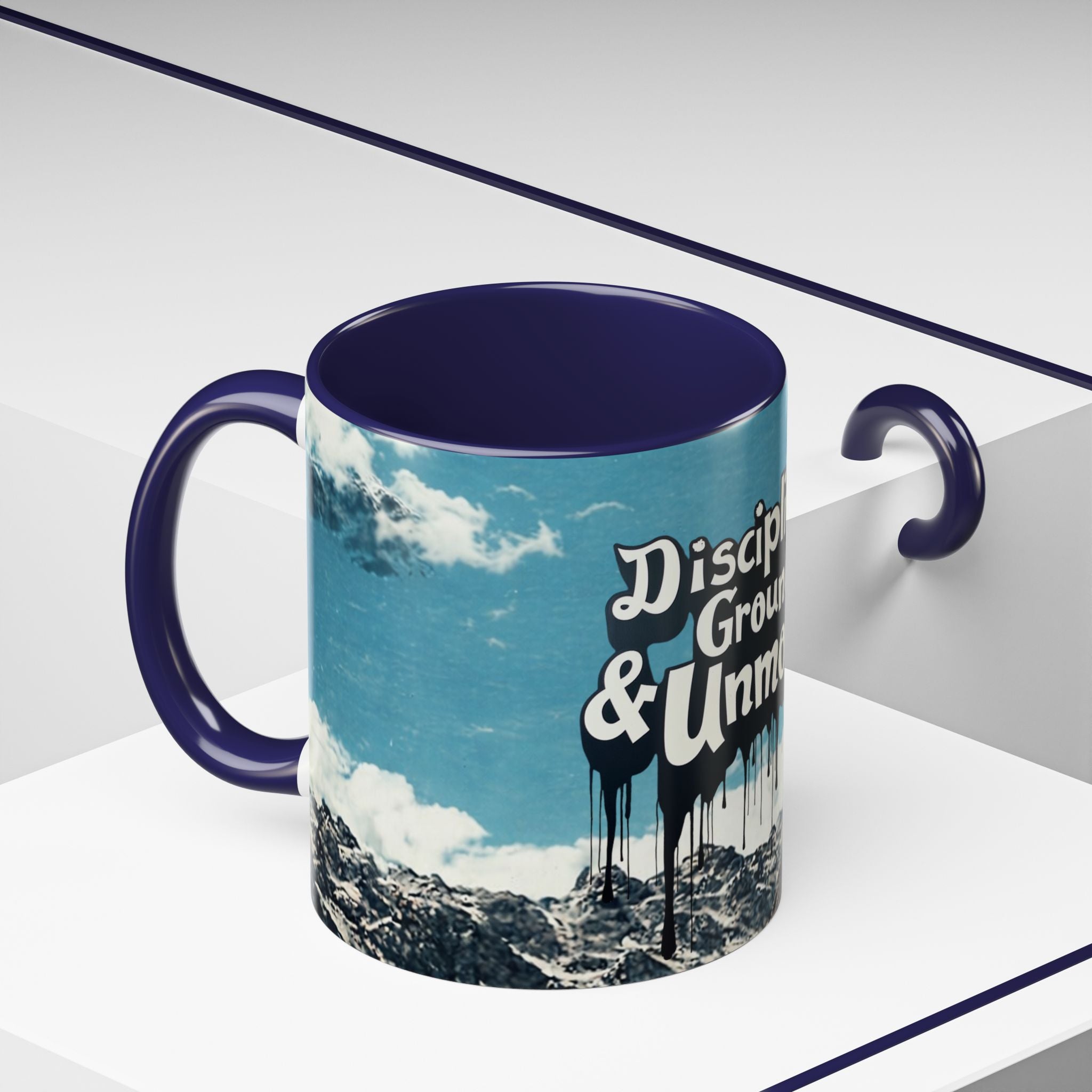 Disciplined, Grounded & Unmoved Coffee Mug — Motivational Mountain Accent Mug (11/15oz)