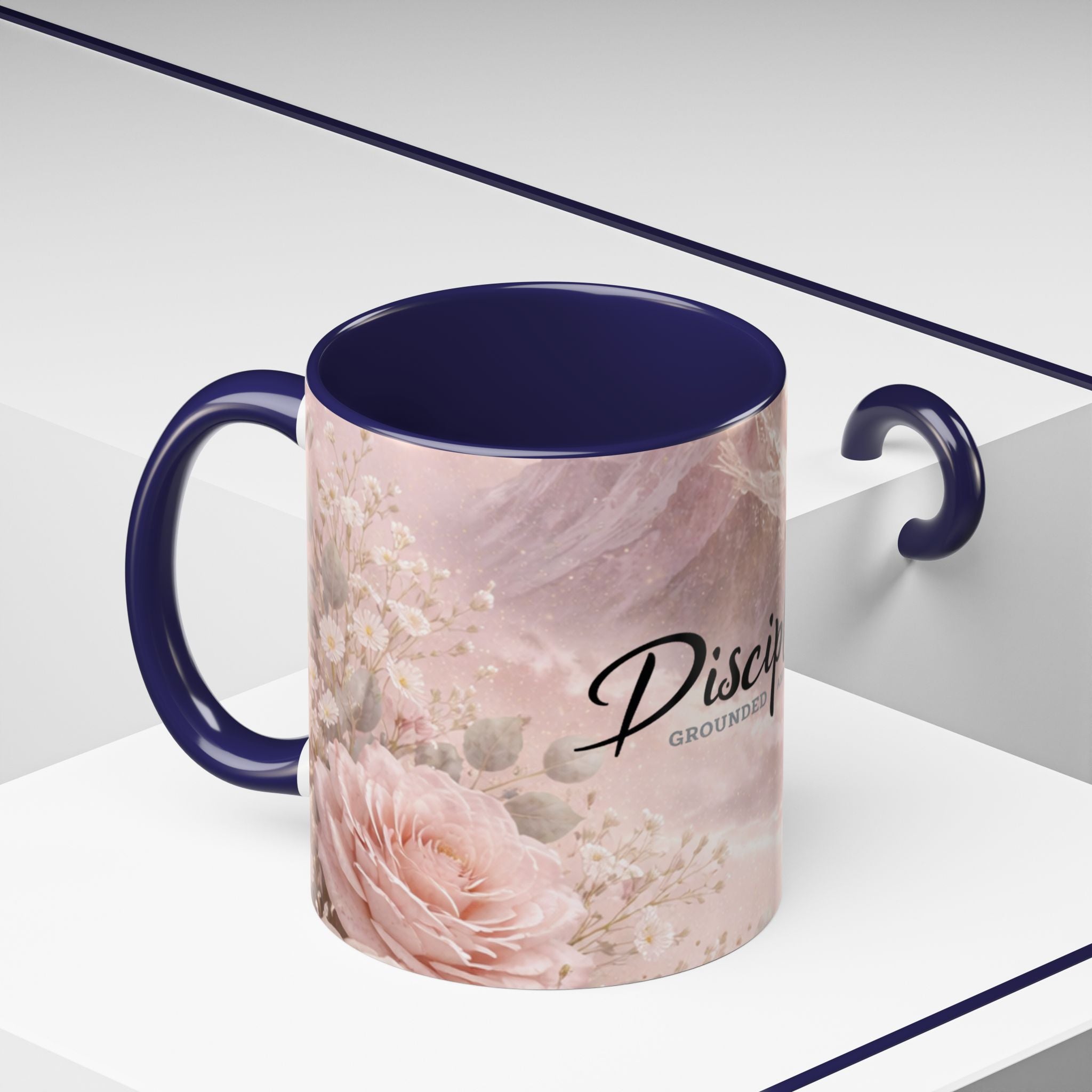 Disciplined Accent Coffee Mug — 'Disciplined: Grounded and Unmoved' Inspirational Pink Marble Ceramic Mug