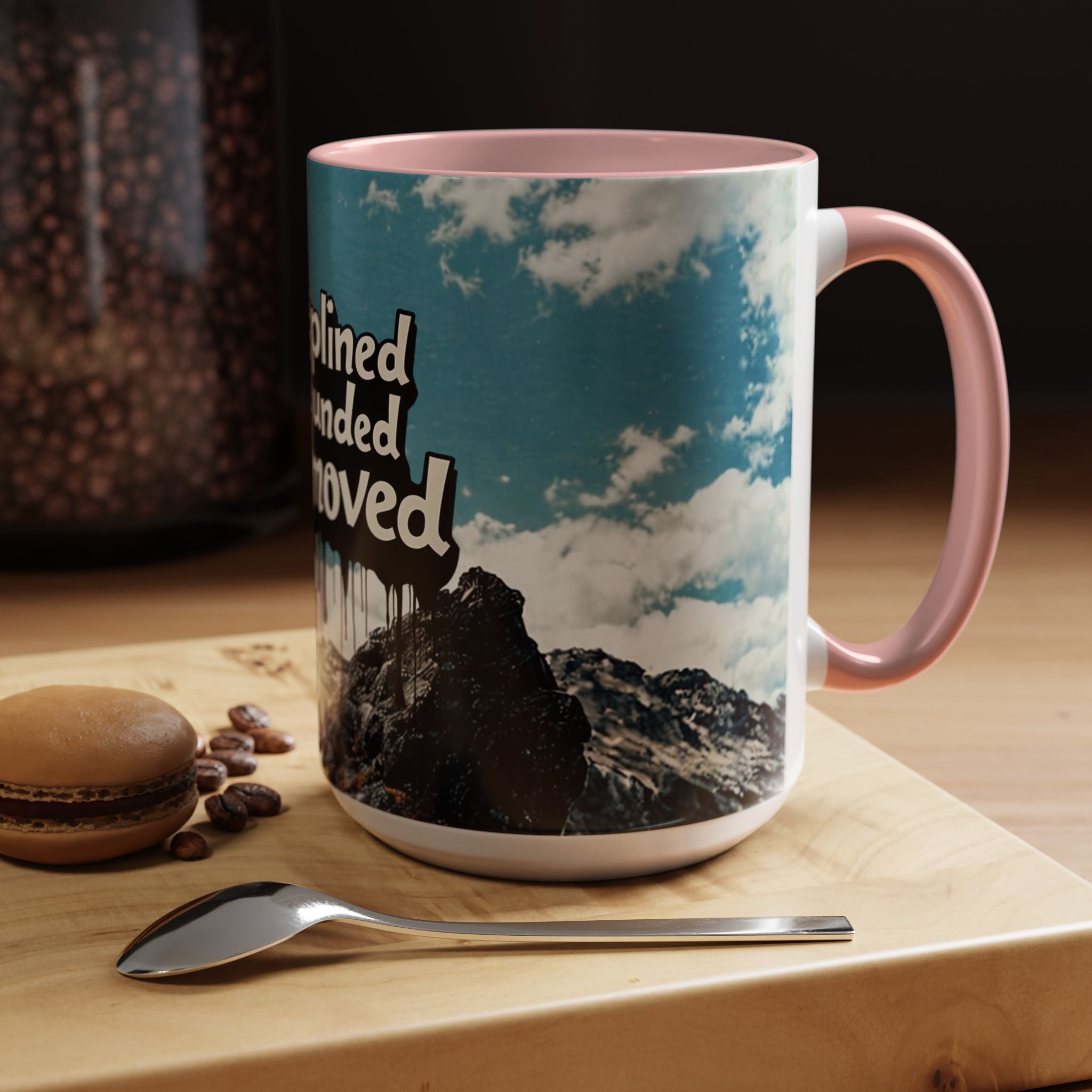 Disciplined, Grounded & Unmoved Coffee Mug — Motivational Mountain Accent Mug (11/15oz)