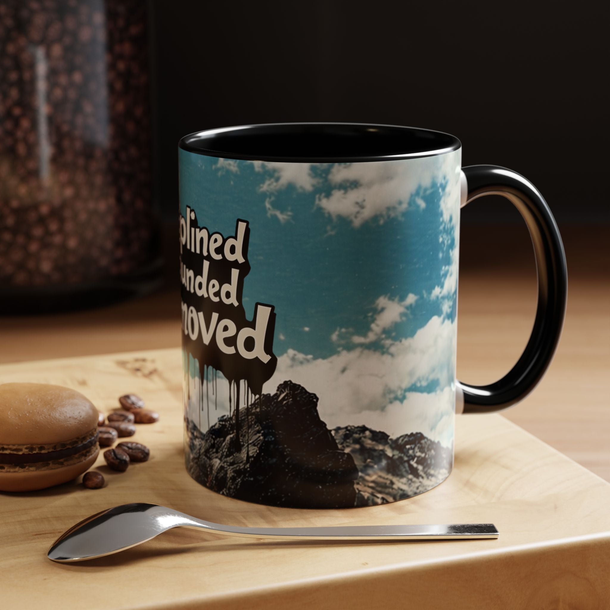 Disciplined, Grounded & Unmoved Coffee Mug — Motivational Mountain Accent Mug (11/15oz)