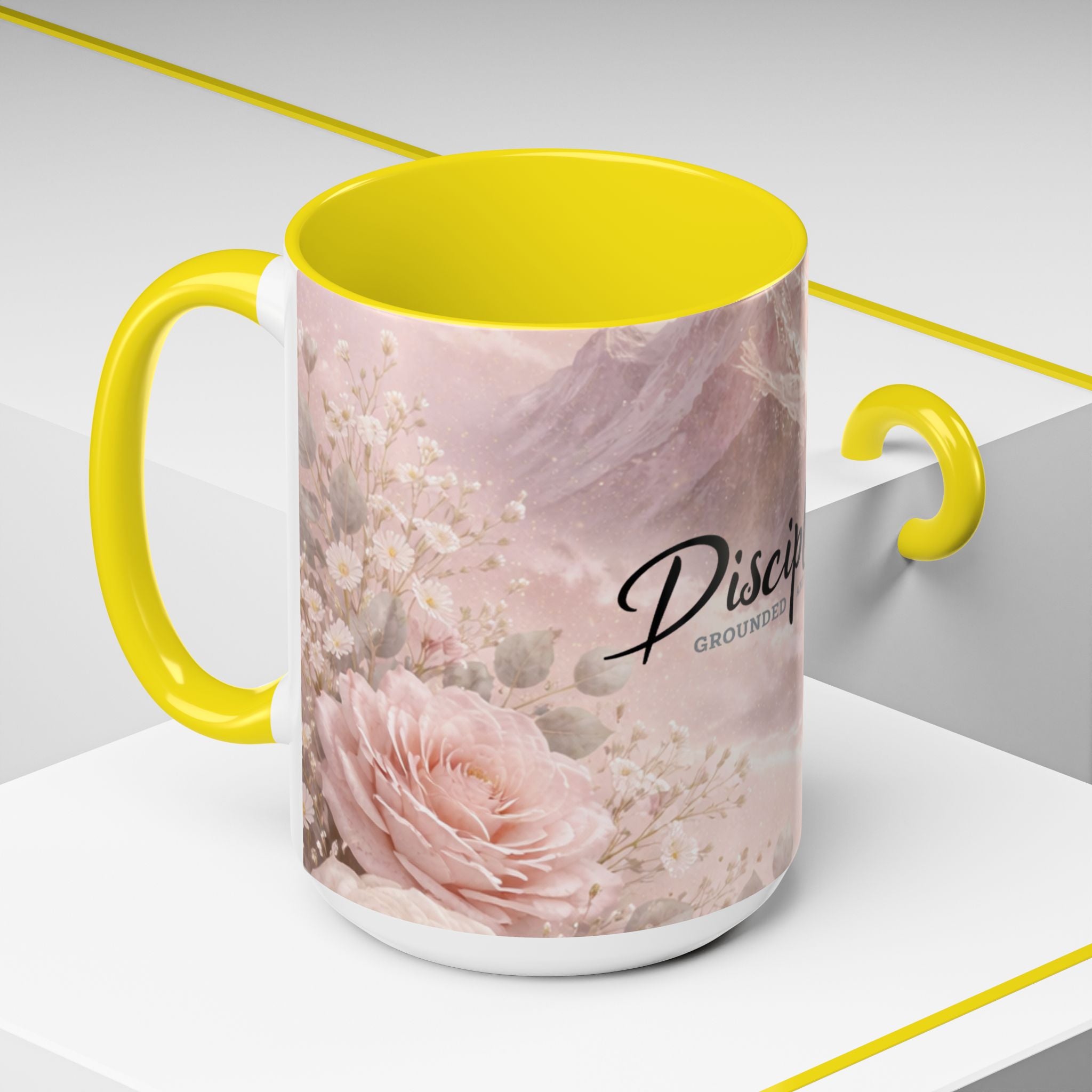 Disciplined Accent Coffee Mug — 'Disciplined: Grounded and Unmoved' Inspirational Pink Marble Ceramic Mug