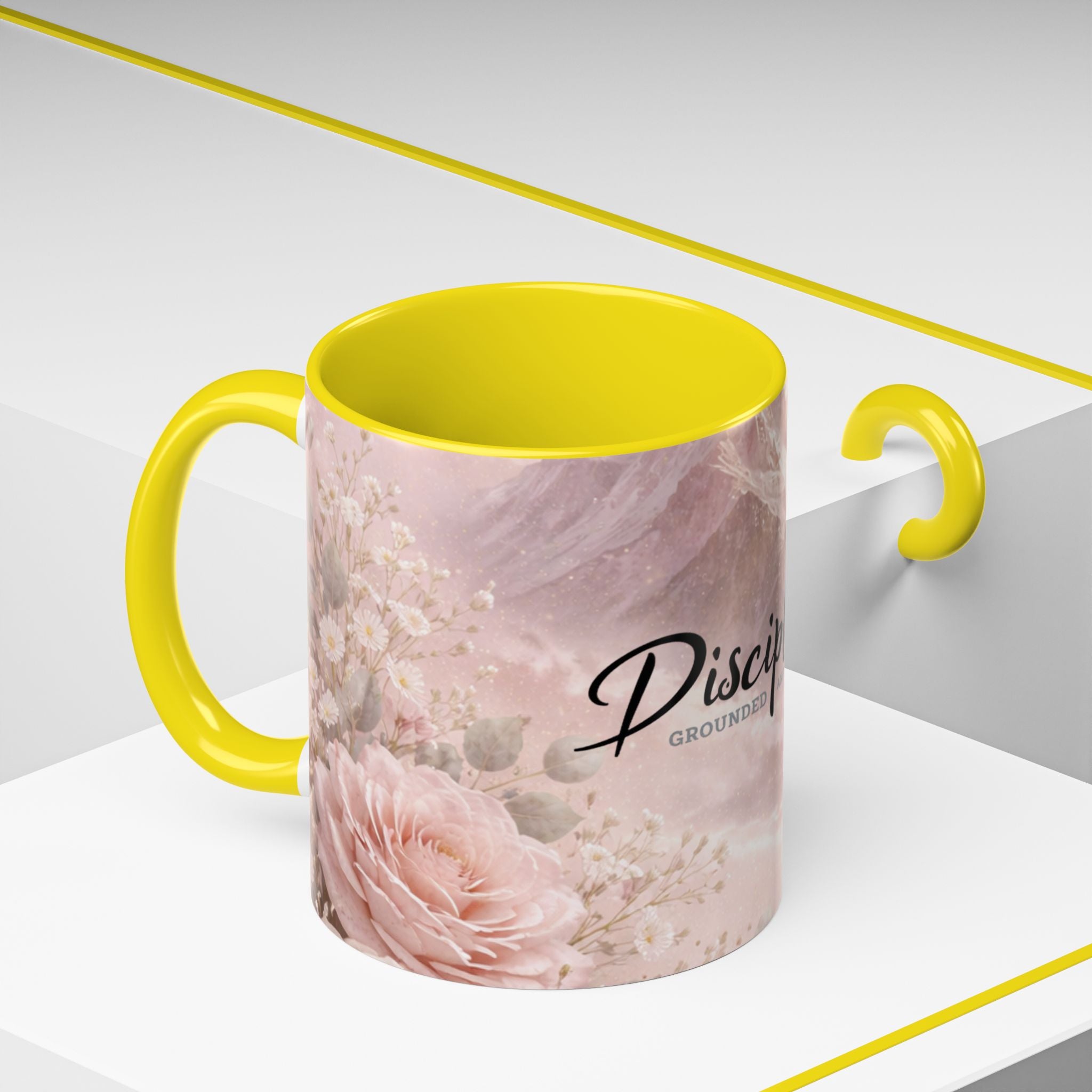 Disciplined Accent Coffee Mug — 'Disciplined: Grounded and Unmoved' Inspirational Pink Marble Ceramic Mug