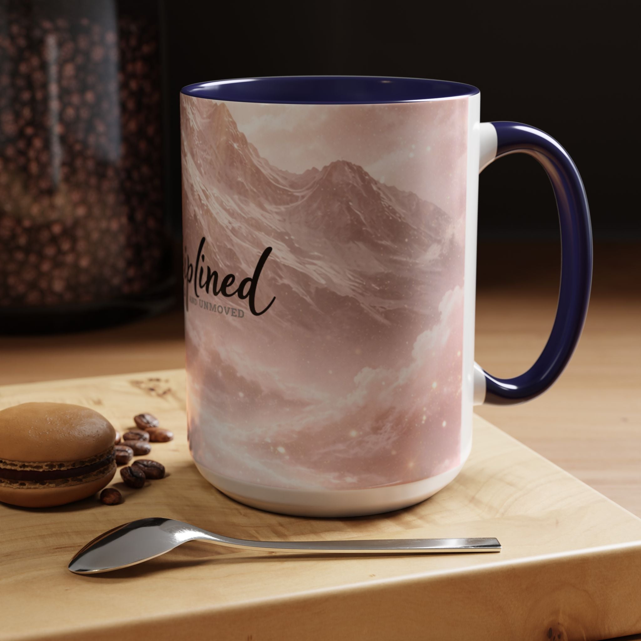 Disciplined Accent Coffee Mug — 'Disciplined: Grounded and Unmoved' Inspirational Pink Marble Ceramic Mug