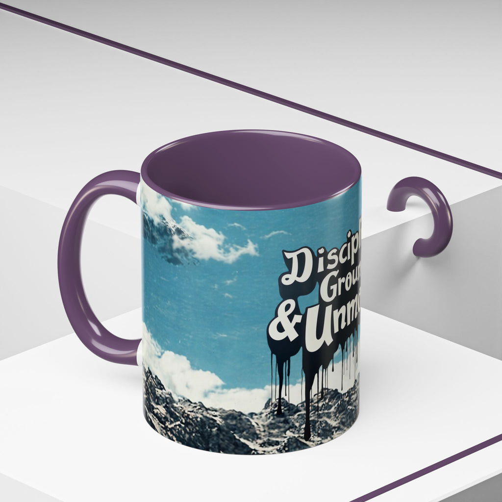 Disciplined, Grounded & Unmoved Coffee Mug — Motivational Mountain Accent Mug (11/15oz)