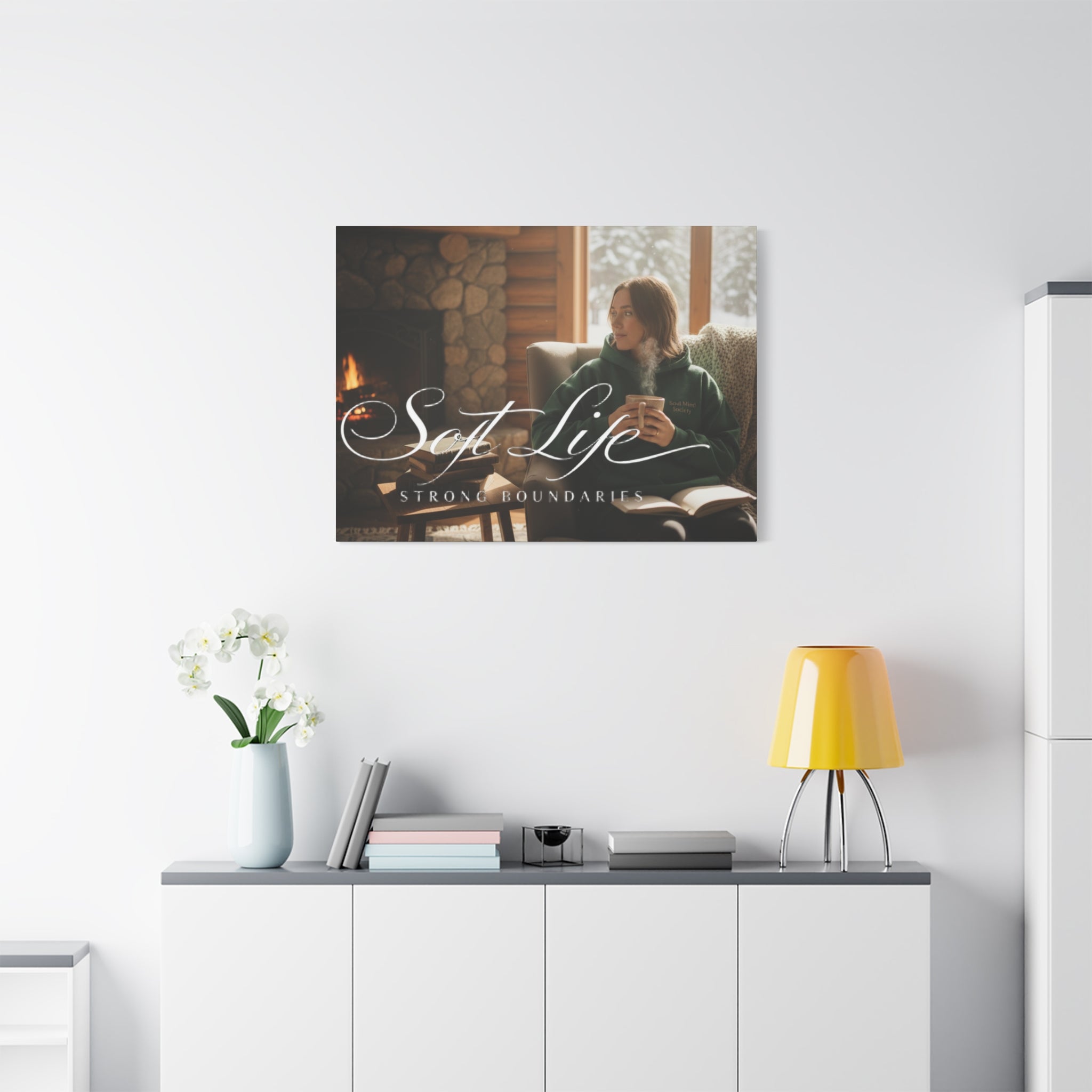 Canvas Wall Art — "Soft Life, Strong Boundaries" Woman 2 Cozy Cabin Print