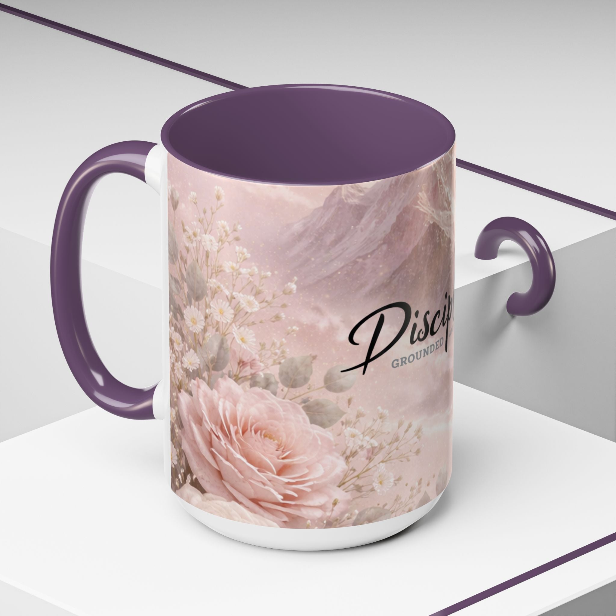 Disciplined Accent Coffee Mug — 'Disciplined: Grounded and Unmoved' Inspirational Pink Marble Ceramic Mug
