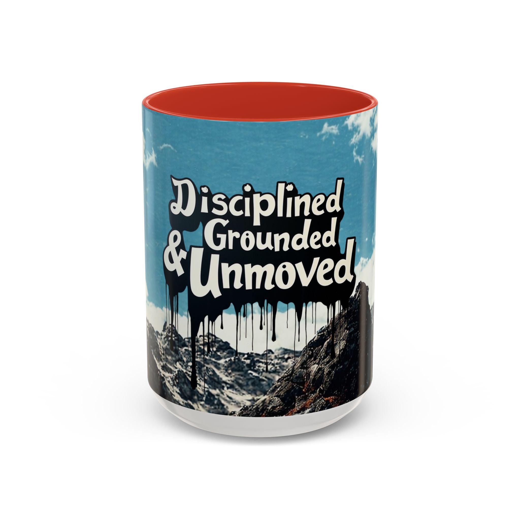 Disciplined, Grounded & Unmoved Coffee Mug — Motivational Mountain Accent Mug (11/15oz)