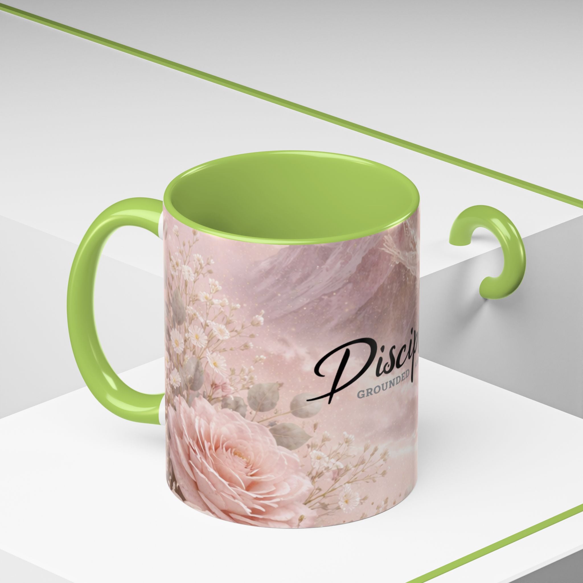 Disciplined Accent Coffee Mug — 'Disciplined: Grounded and Unmoved' Inspirational Pink Marble Ceramic Mug