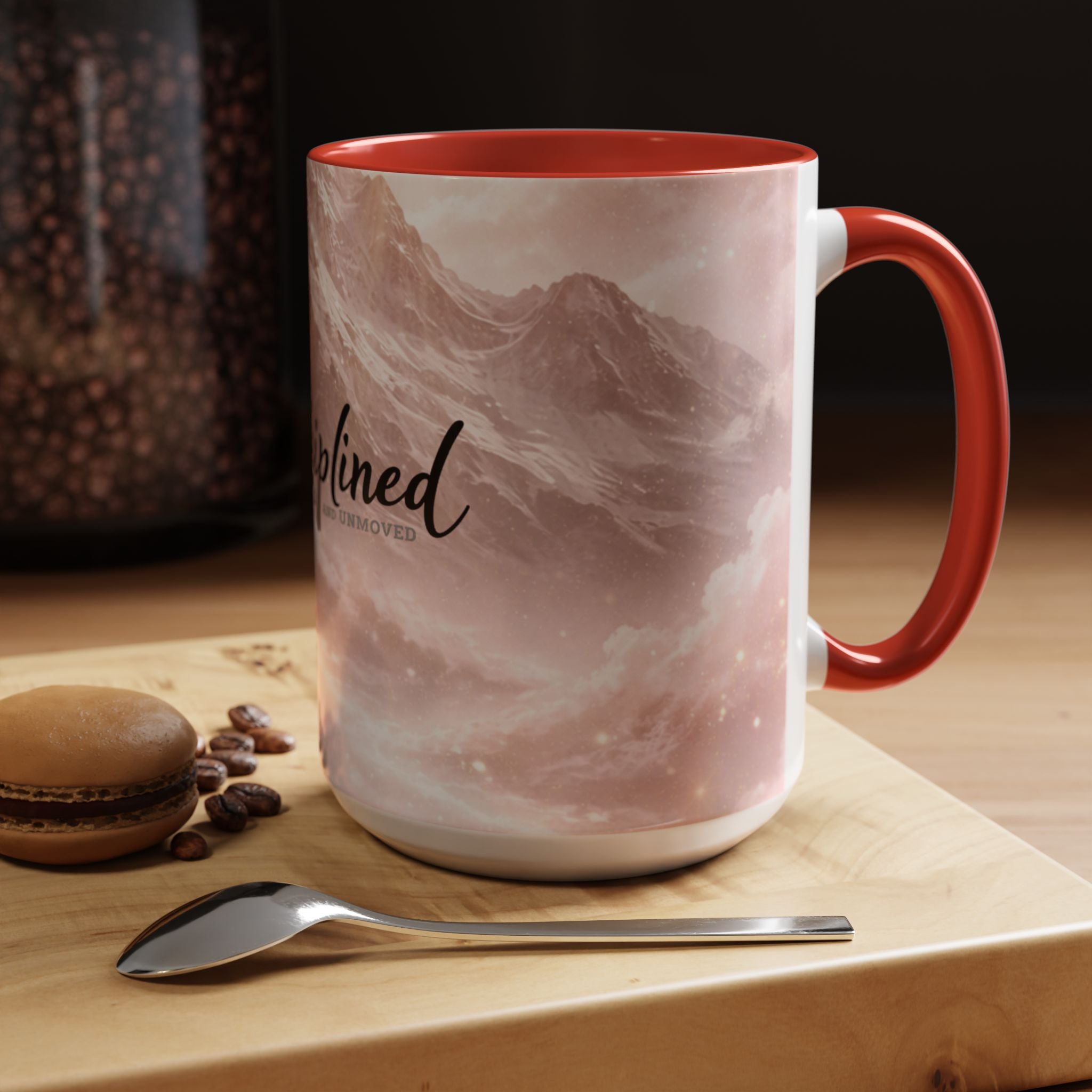 Disciplined Accent Coffee Mug — 'Disciplined: Grounded and Unmoved' Inspirational Pink Marble Ceramic Mug