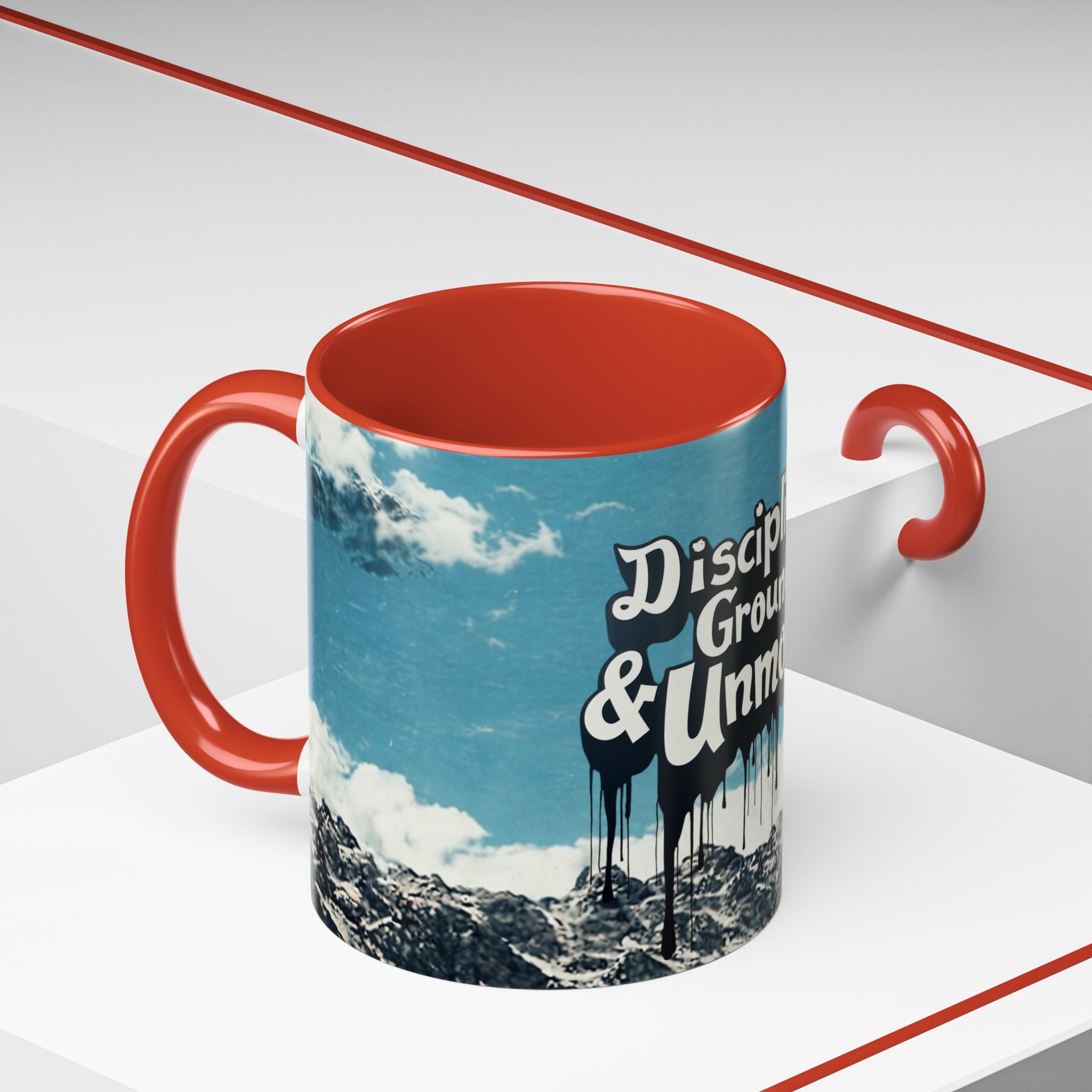 Disciplined, Grounded & Unmoved Coffee Mug — Motivational Mountain Accent Mug (11/15oz)