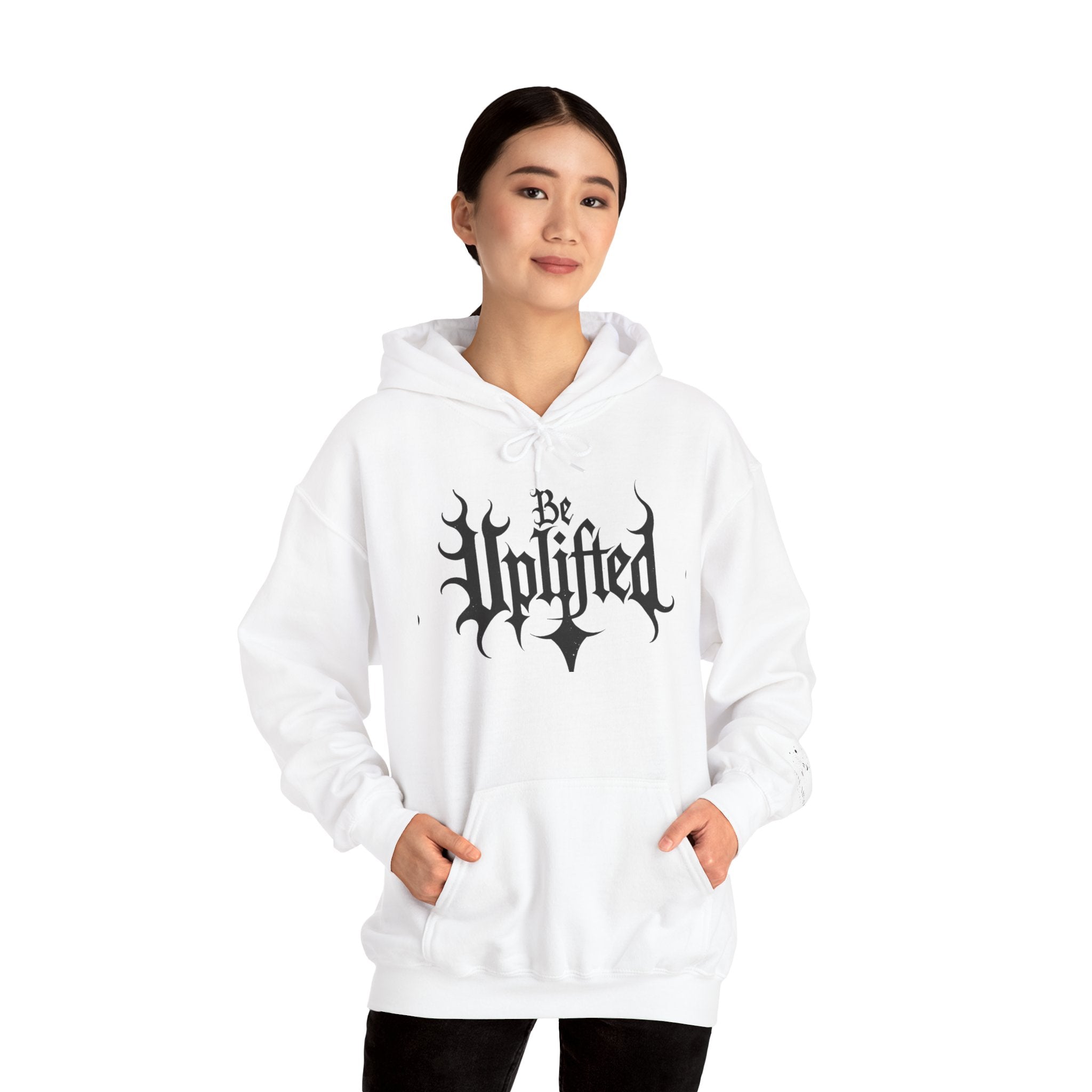 Be Uplifted hoodie | Gothic script cross design