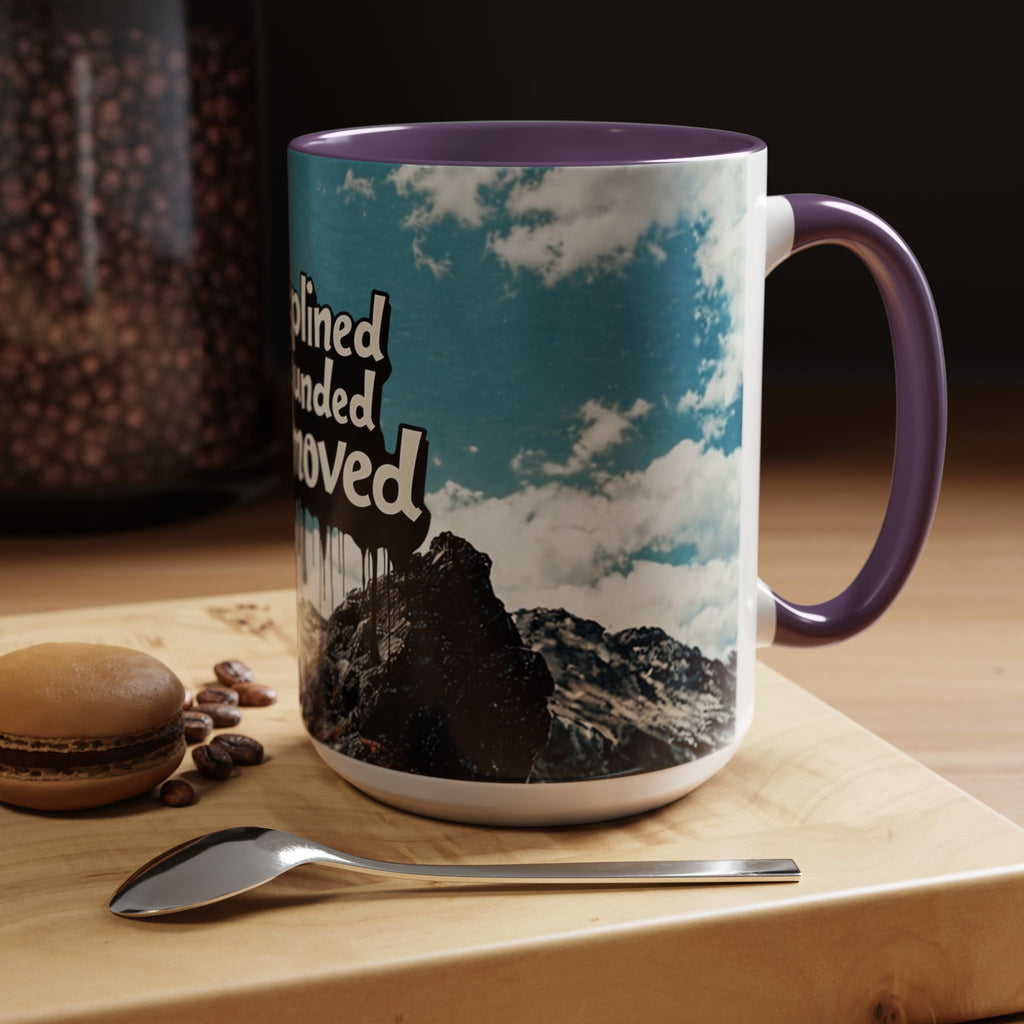 Disciplined, Grounded & Unmoved Coffee Mug — Motivational Mountain Accent Mug (11/15oz)