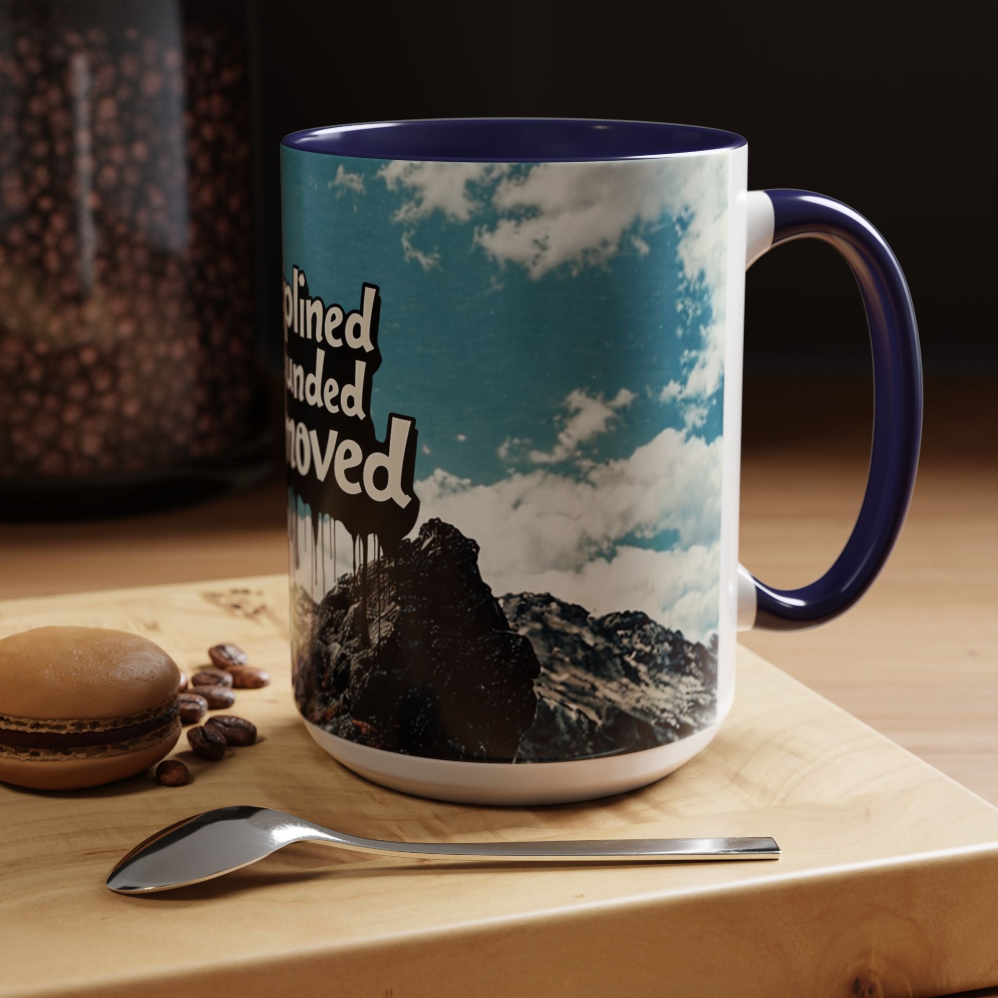 Disciplined, Grounded & Unmoved Coffee Mug — Motivational Mountain Accent Mug (11/15oz)