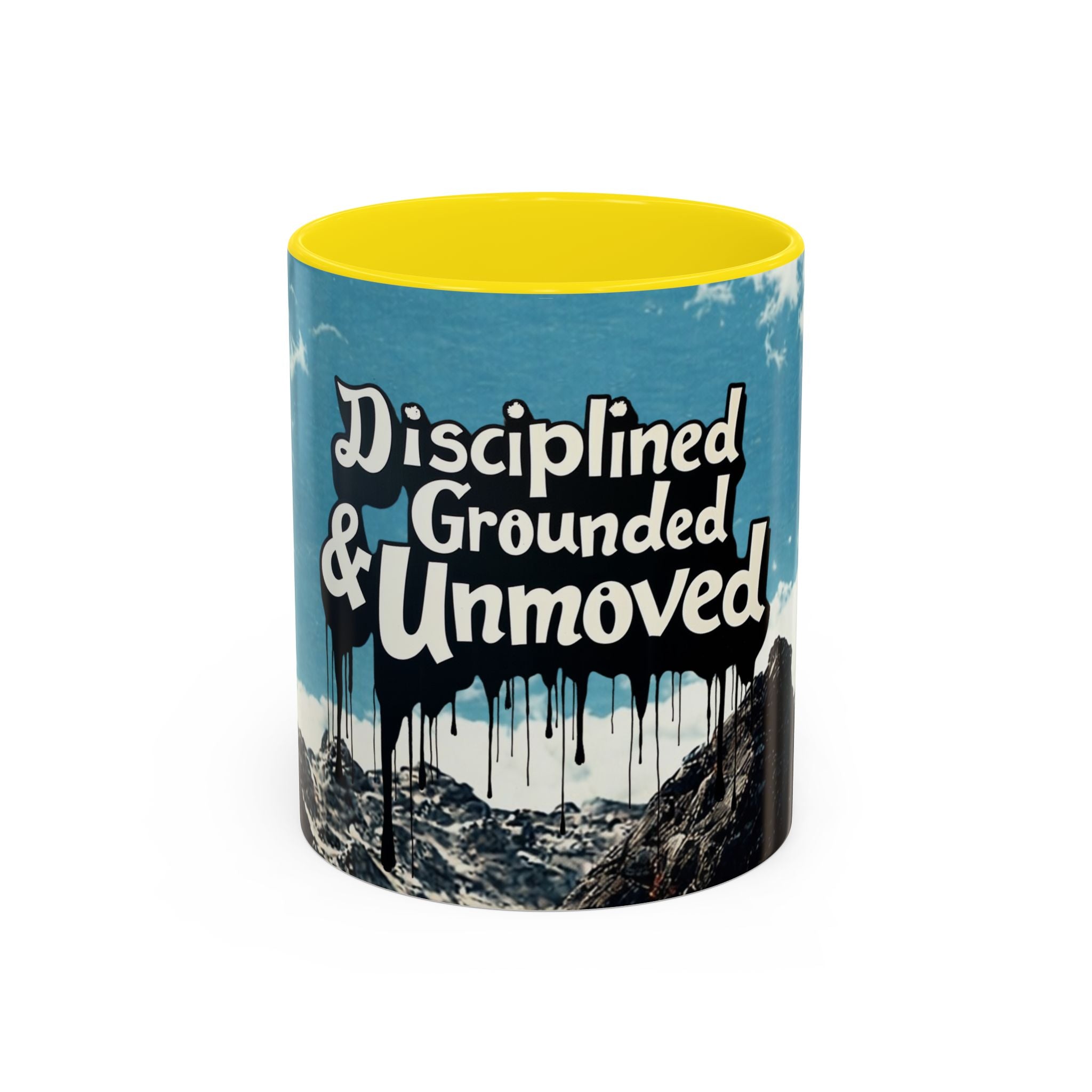 Disciplined, Grounded & Unmoved Coffee Mug — Motivational Mountain Accent Mug (11/15oz)