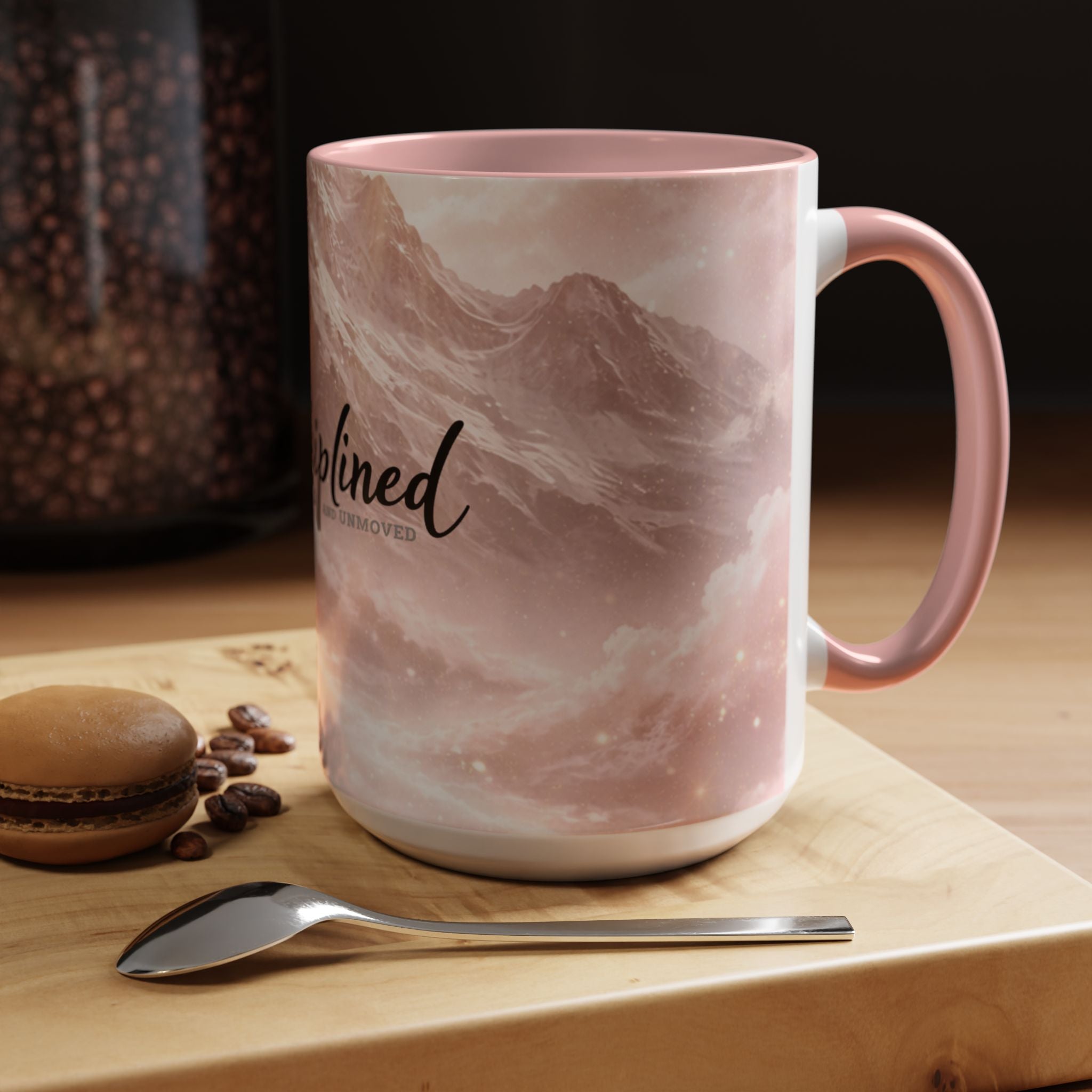 Disciplined Accent Coffee Mug — 'Disciplined: Grounded and Unmoved' Inspirational Pink Marble Ceramic Mug