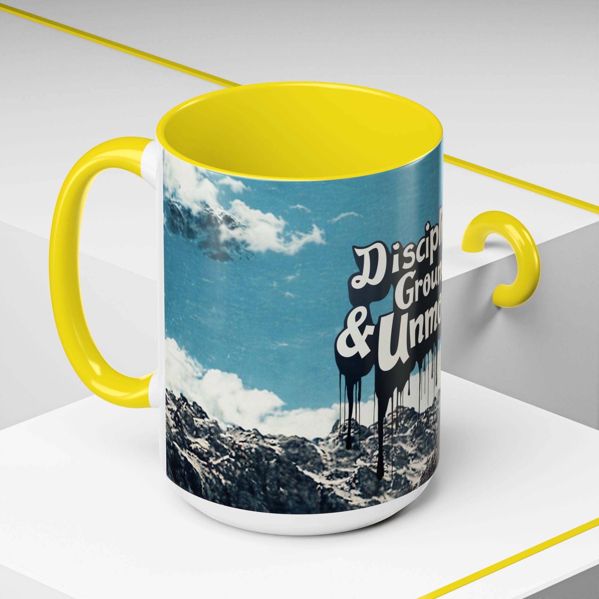 Disciplined, Grounded & Unmoved Coffee Mug — Motivational Mountain Accent Mug (11/15oz)