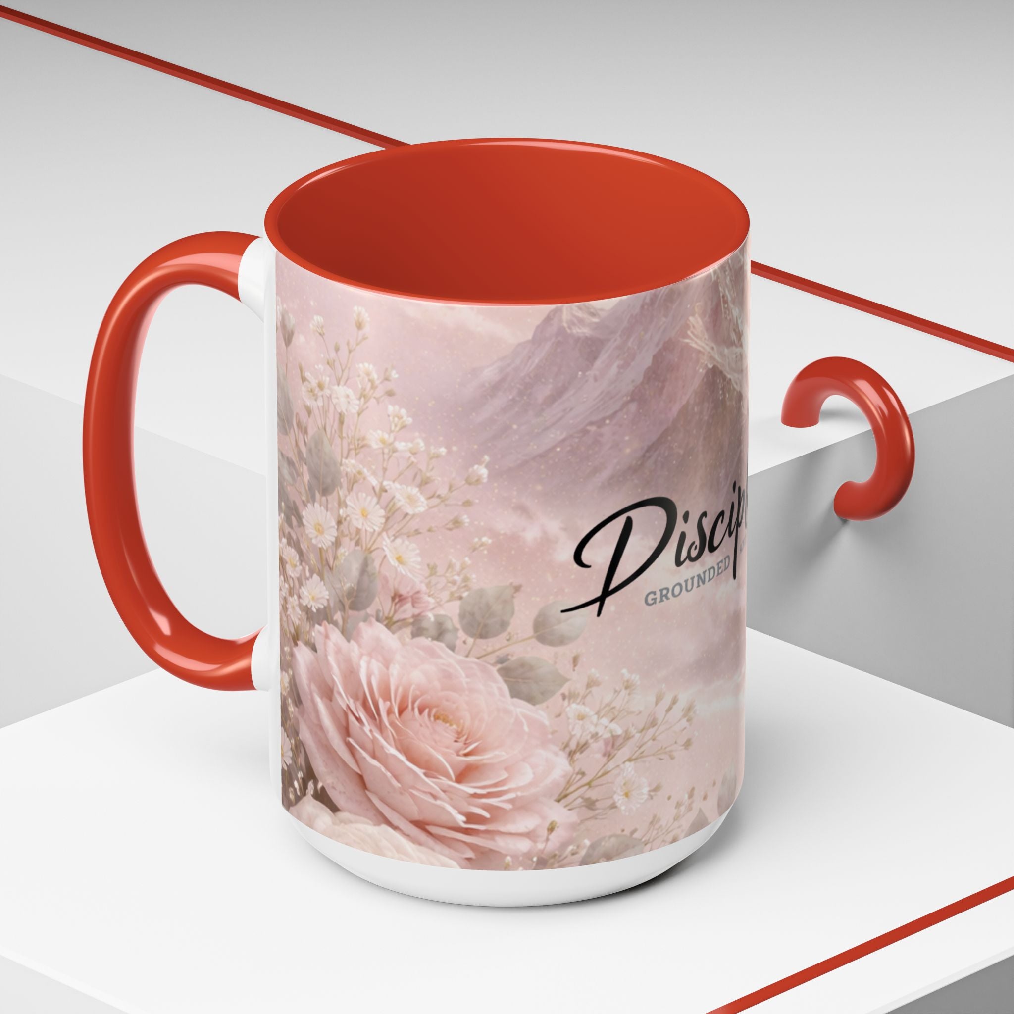 Disciplined Accent Coffee Mug — 'Disciplined: Grounded and Unmoved' Inspirational Pink Marble Ceramic Mug