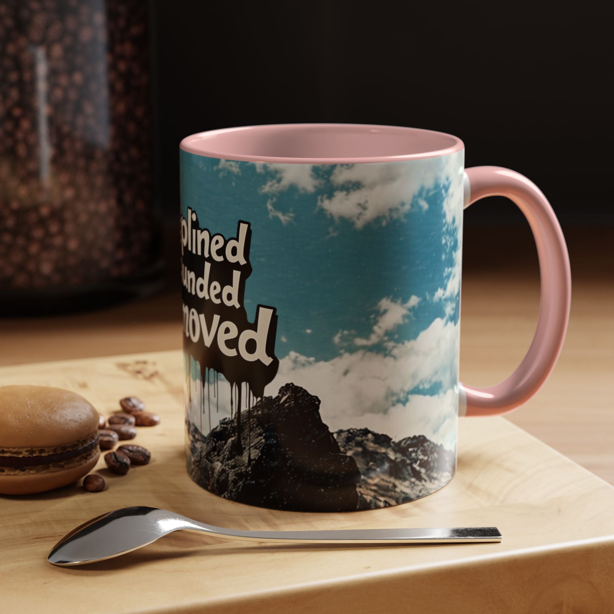Disciplined, Grounded & Unmoved Coffee Mug — Motivational Mountain Accent Mug (11/15oz)