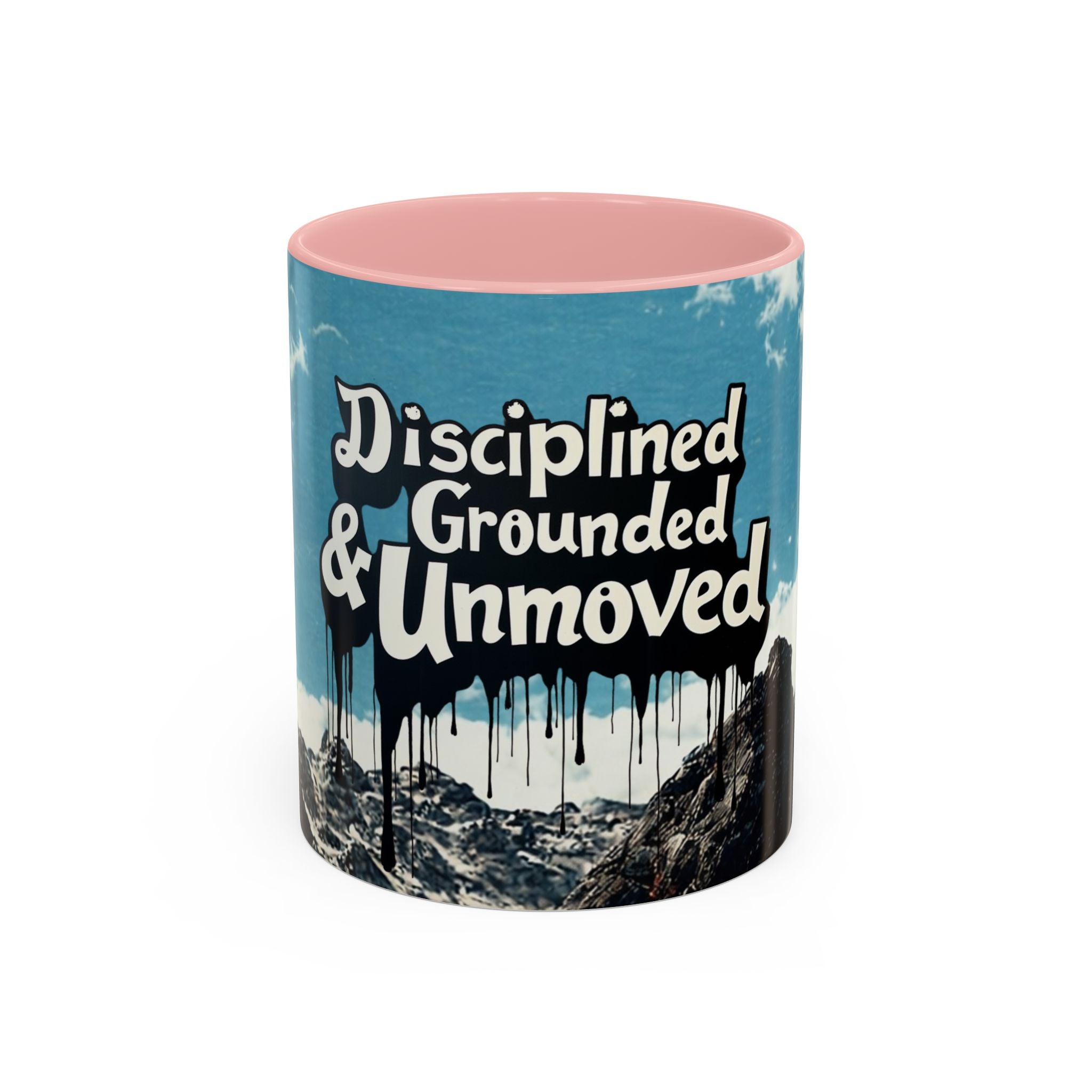 Disciplined, Grounded & Unmoved Coffee Mug — Motivational Mountain Accent Mug (11/15oz)