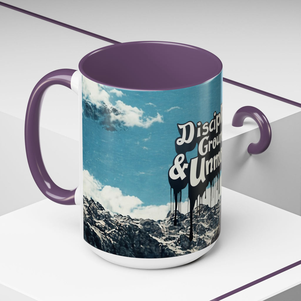Disciplined, Grounded & Unmoved Coffee Mug — Motivational Mountain Accent Mug (11/15oz)