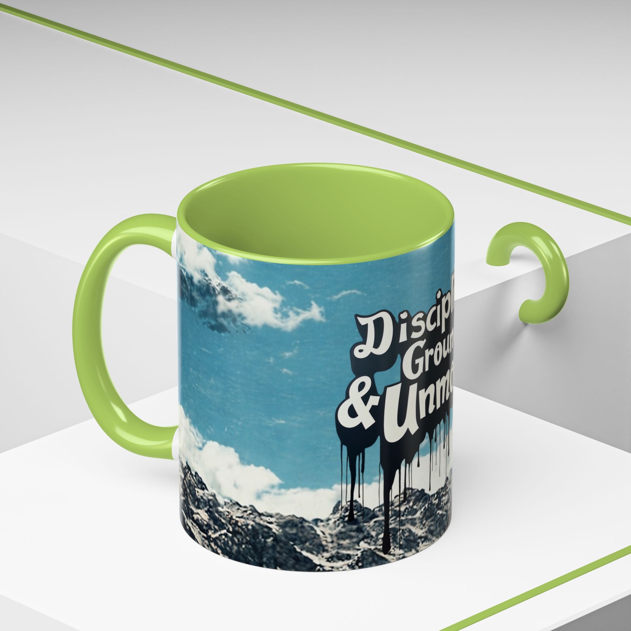 Disciplined, Grounded & Unmoved Coffee Mug — Motivational Mountain Accent Mug (11/15oz)