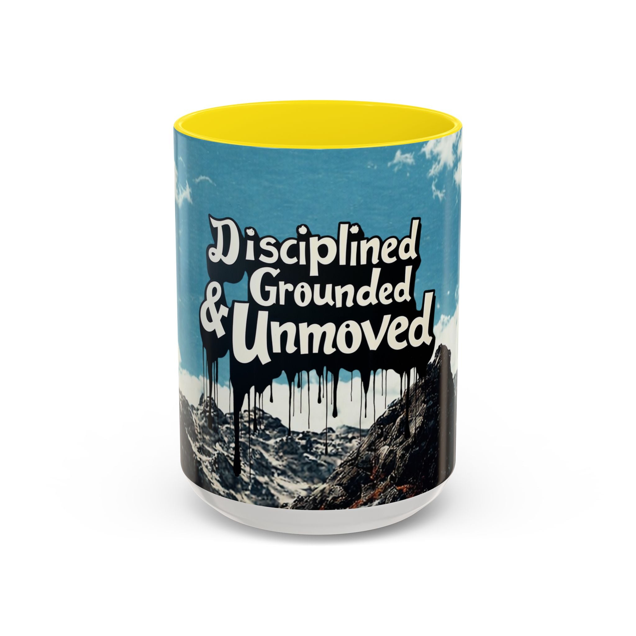 Disciplined, Grounded & Unmoved Coffee Mug — Motivational Mountain Accent Mug (11/15oz)