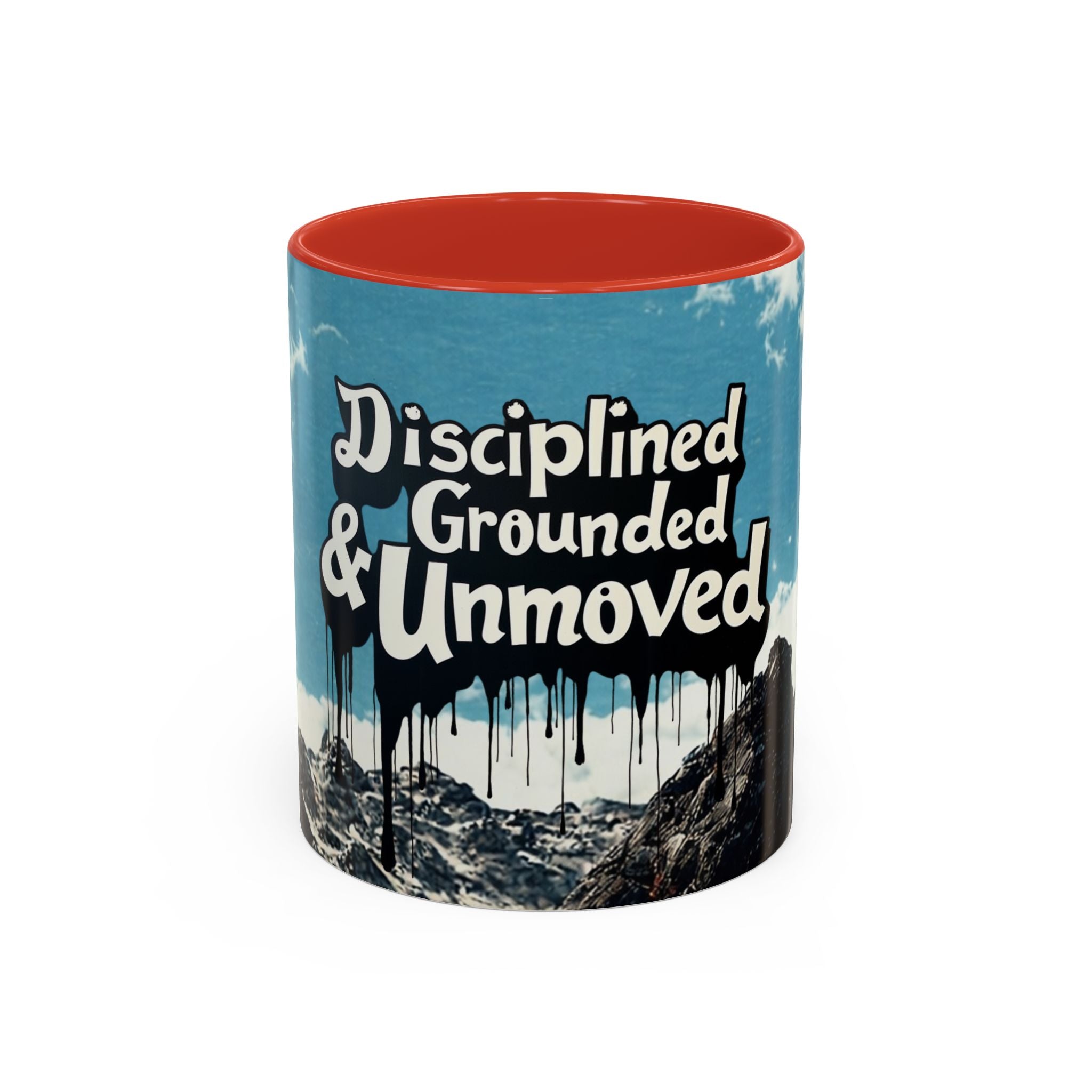 Disciplined, Grounded & Unmoved Coffee Mug — Motivational Mountain Accent Mug (11/15oz)