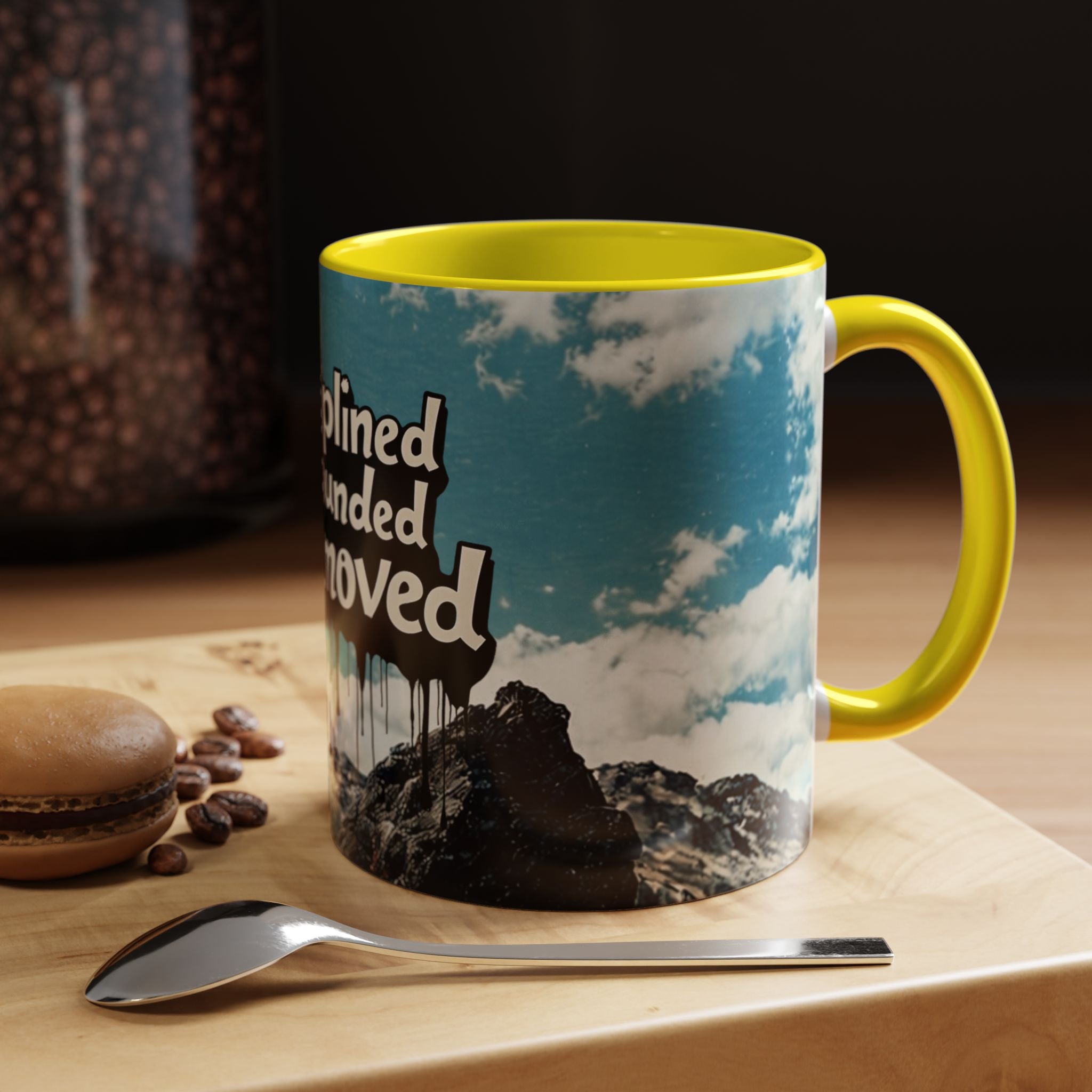 Disciplined, Grounded & Unmoved Coffee Mug — Motivational Mountain Accent Mug (11/15oz)