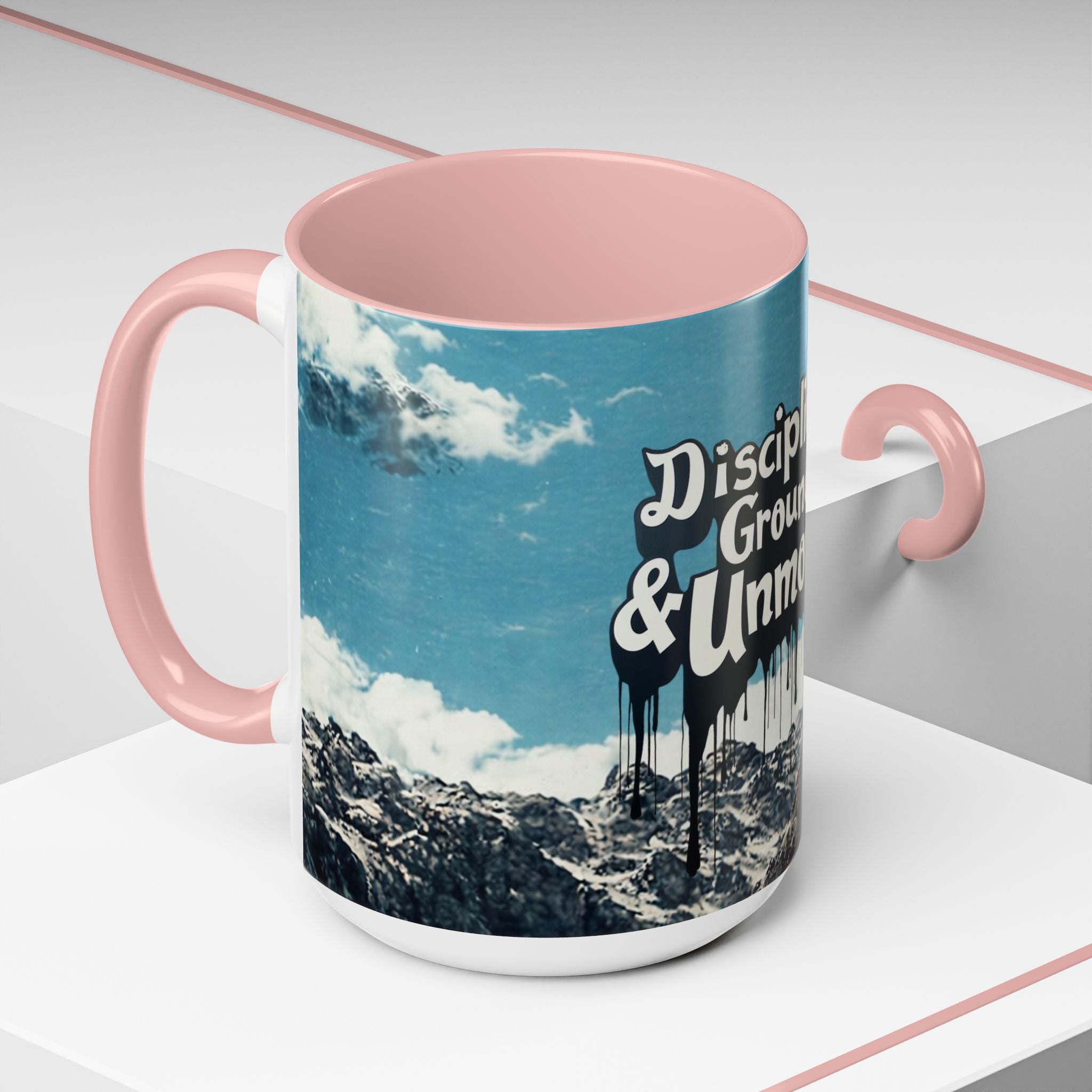 Disciplined, Grounded & Unmoved Coffee Mug — Motivational Mountain Accent Mug (11/15oz)