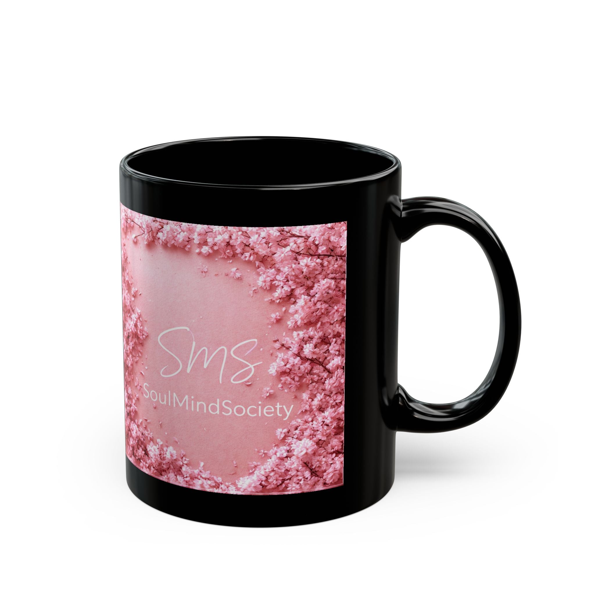 Pink Rose Cloud Black Mug — 'SMS SoulMindSociety' 11oz & 15oz