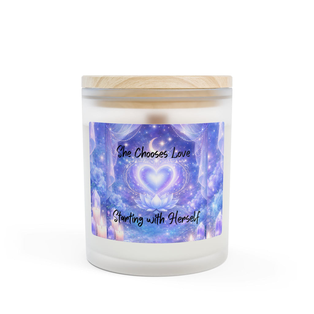 11oz Frosted Glass Candle — "She Chooses Love, Starting with Herself" Lavender Heart Aromatherapy