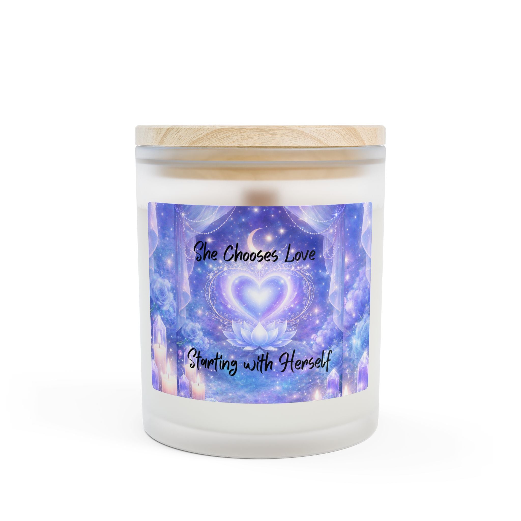 11oz Frosted Glass Candle — "She Chooses Love, Starting with Herself" Lavender Heart Aromatherapy