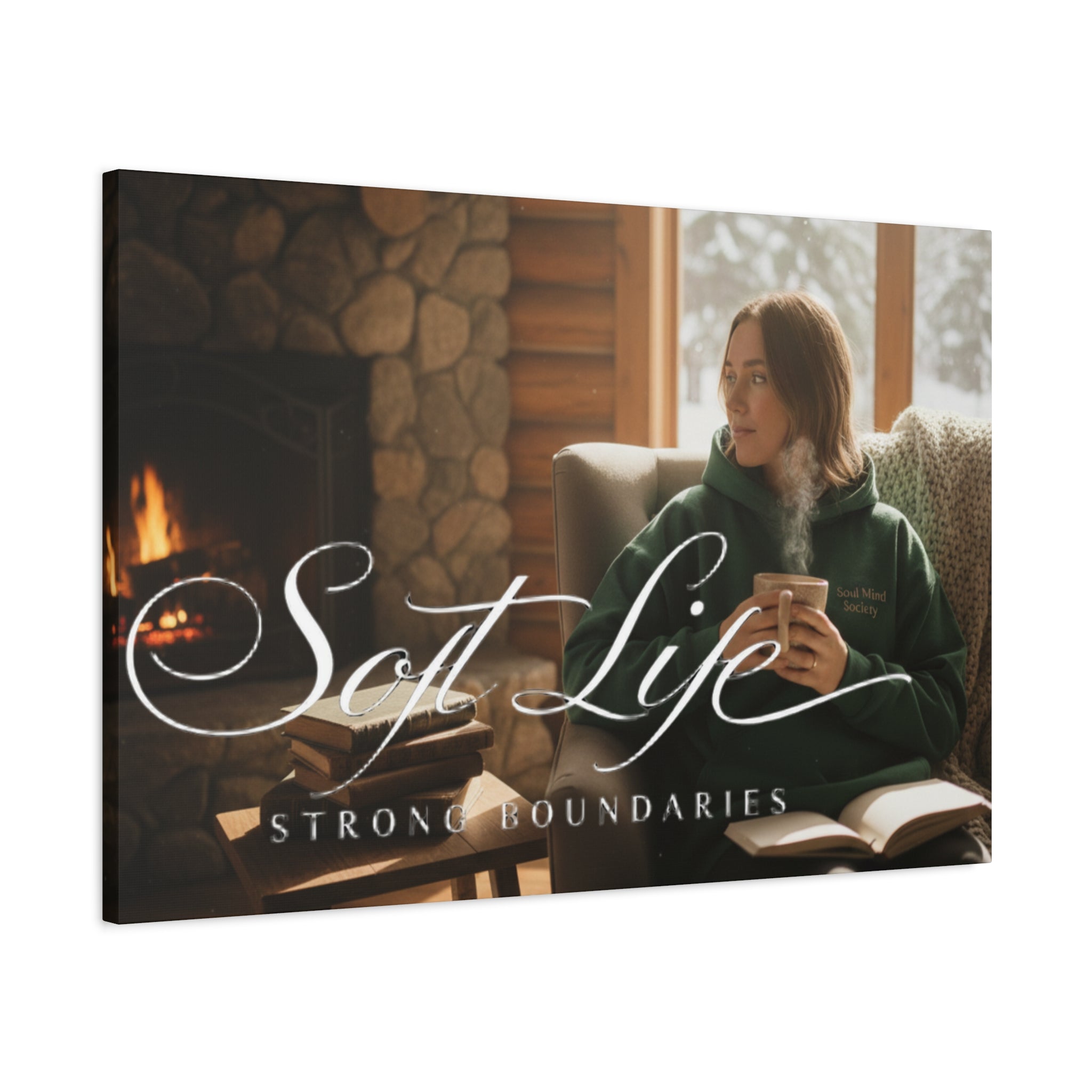 Canvas Wall Art — "Soft Life, Strong Boundaries" Woman 2 Cozy Cabin Print