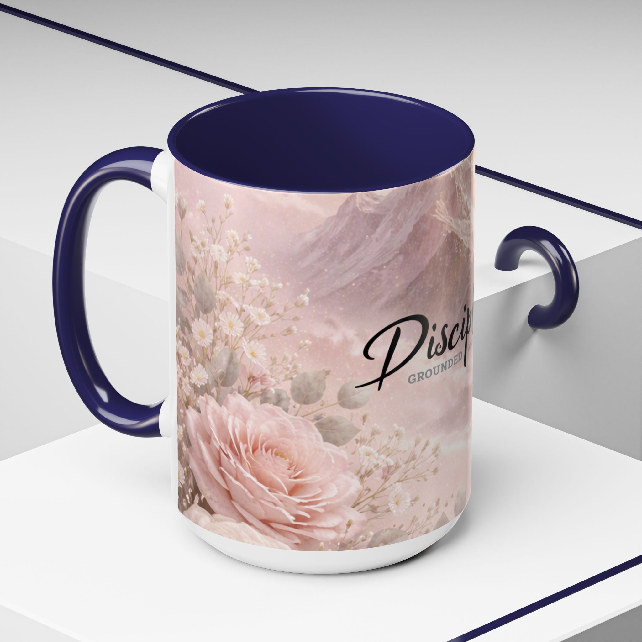 Disciplined Accent Coffee Mug — 'Disciplined: Grounded and Unmoved' Inspirational Pink Marble Ceramic Mug