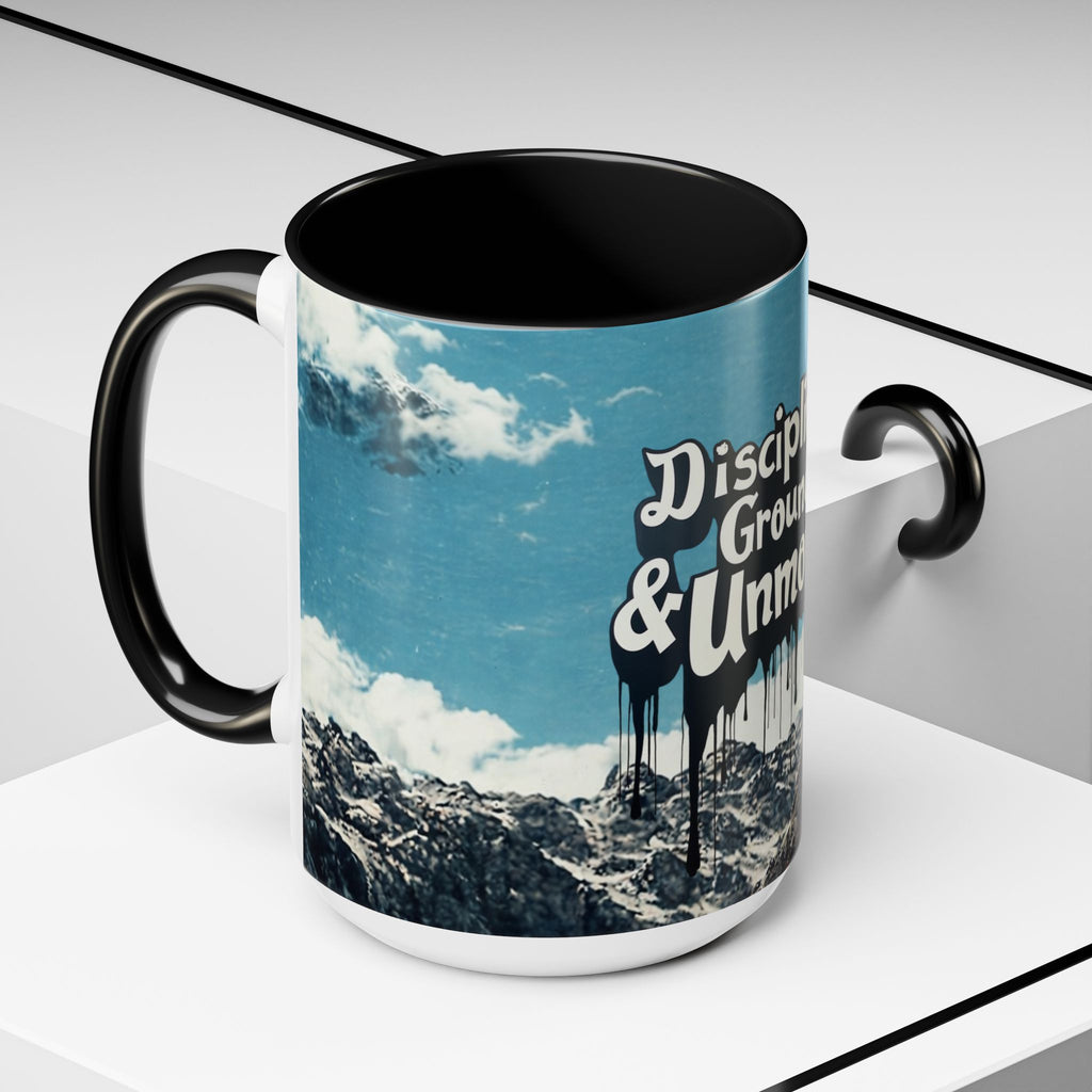 Disciplined, Grounded & Unmoved Coffee Mug — Motivational Mountain Accent Mug (11/15oz)