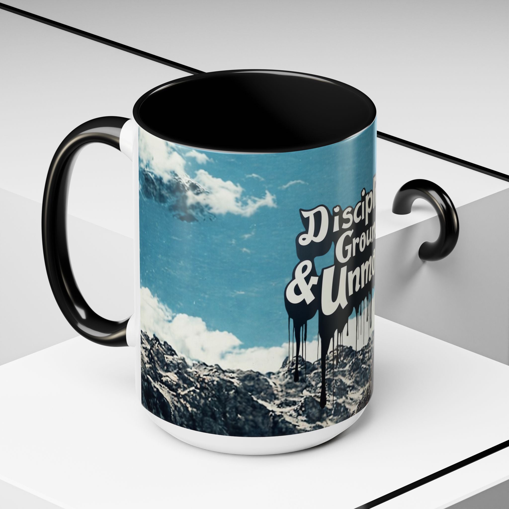 Disciplined, Grounded & Unmoved Coffee Mug — Motivational Mountain Accent Mug (11/15oz)