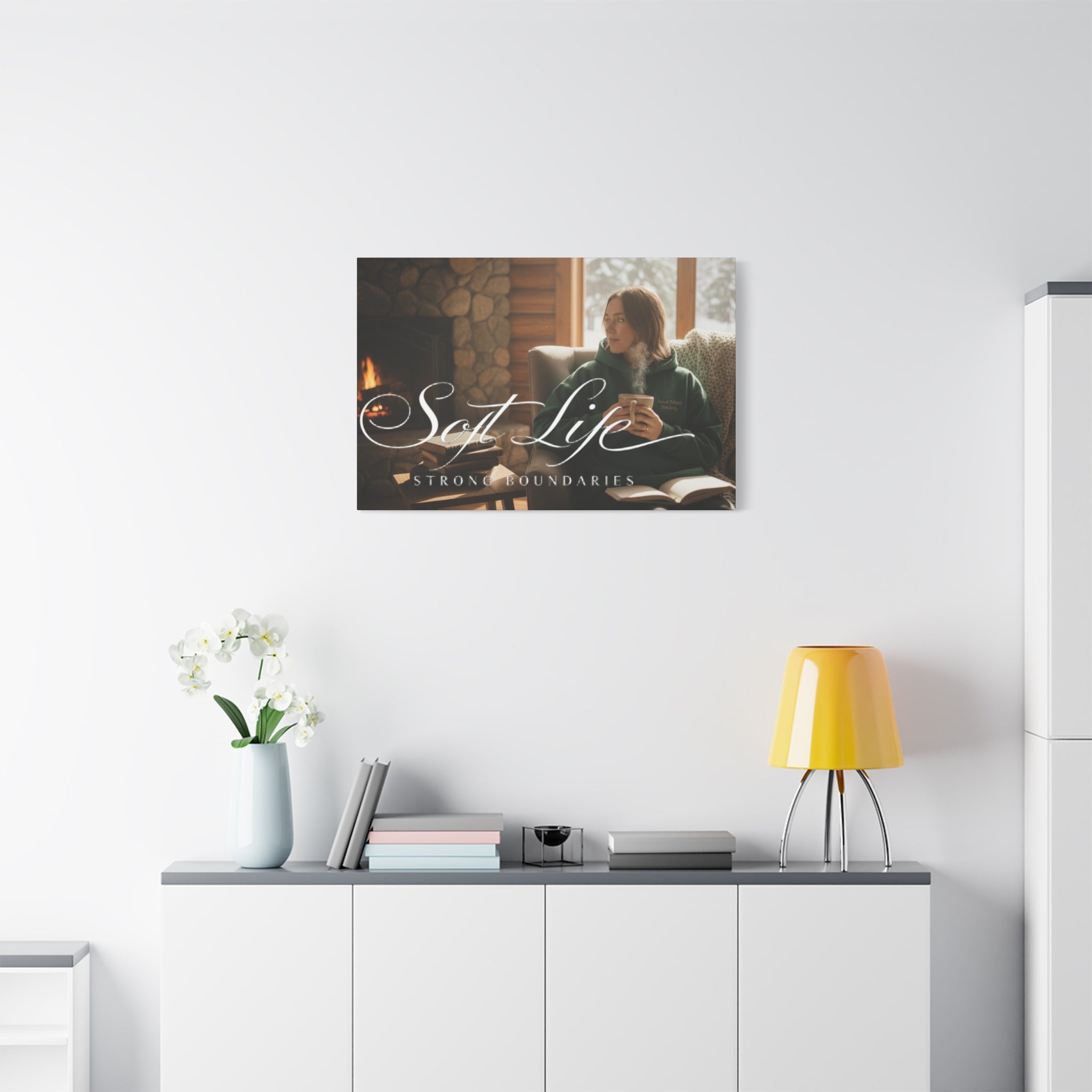Canvas Wall Art — "Soft Life, Strong Boundaries" Woman 2 Cozy Cabin Print